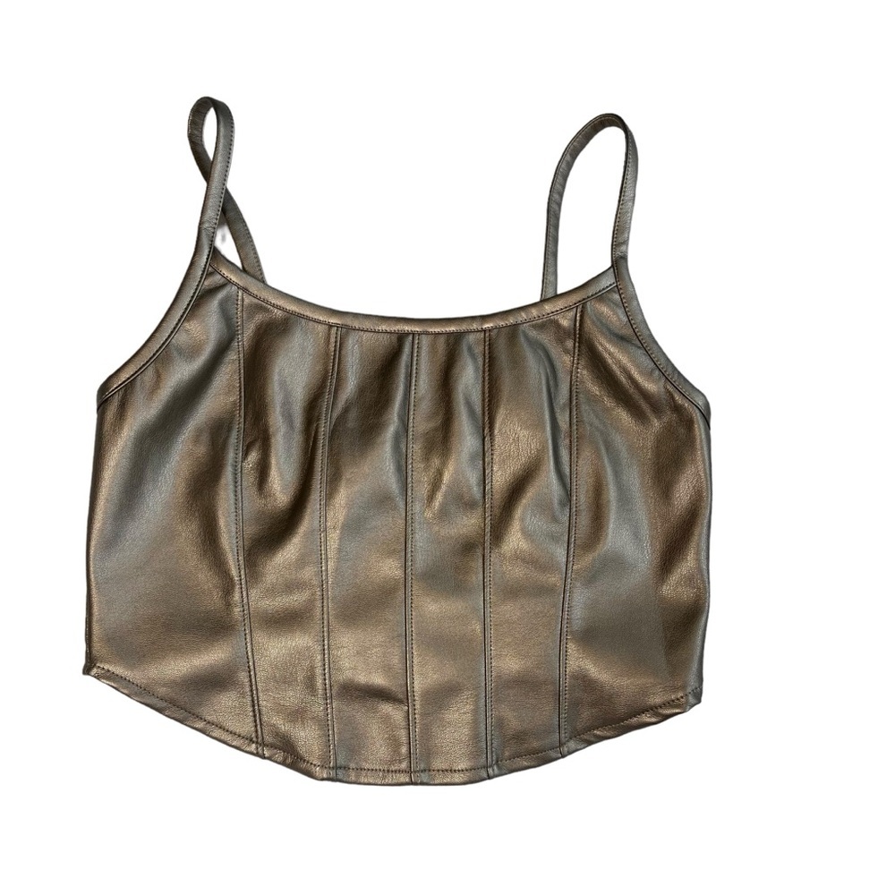 KIROUS Body Contour Faux Leather Corset Cropped Top Silver size medium - Picture 2 of 4